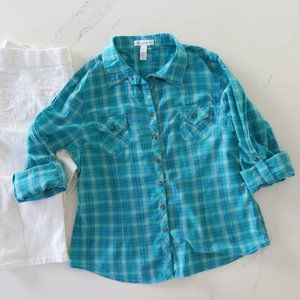 ⭐ Aqua Plaid Button Up Shirt Rolled Up Sleeves L
